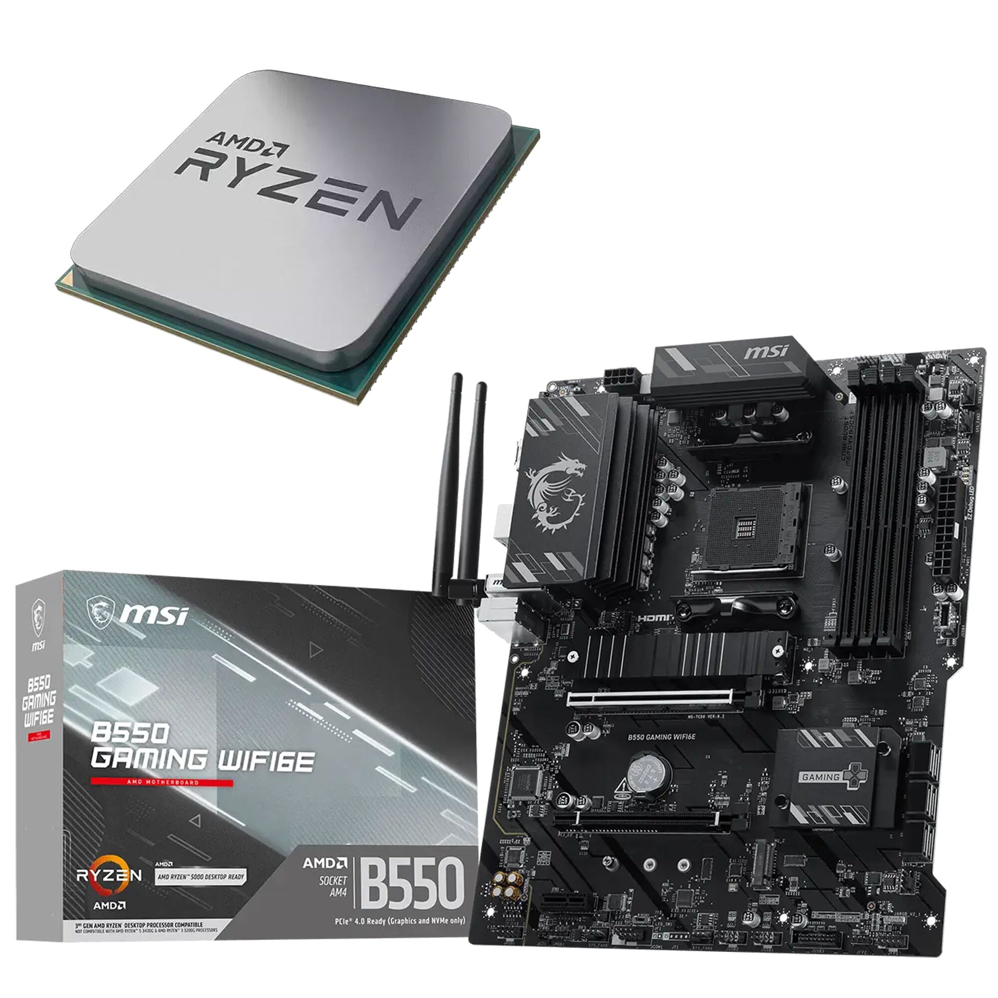 Un processeur AMD Ryzen et une carte mère MSI B550 Gaming WiFi, le tout présenté sur un fond noir avec des lignes horizontales blanches.