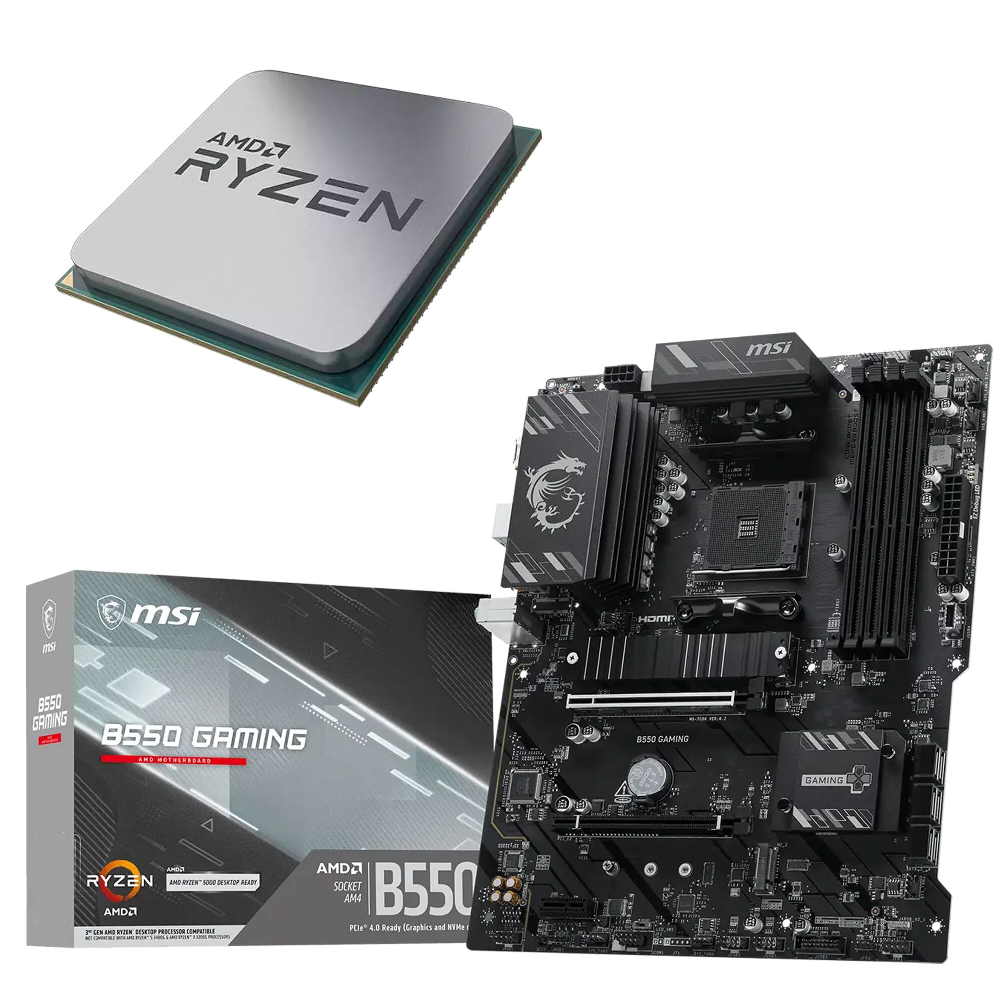 Un processeur AMD Ryzen et une carte mère MSI B550 Gaming avec sa boîte d'emballage.