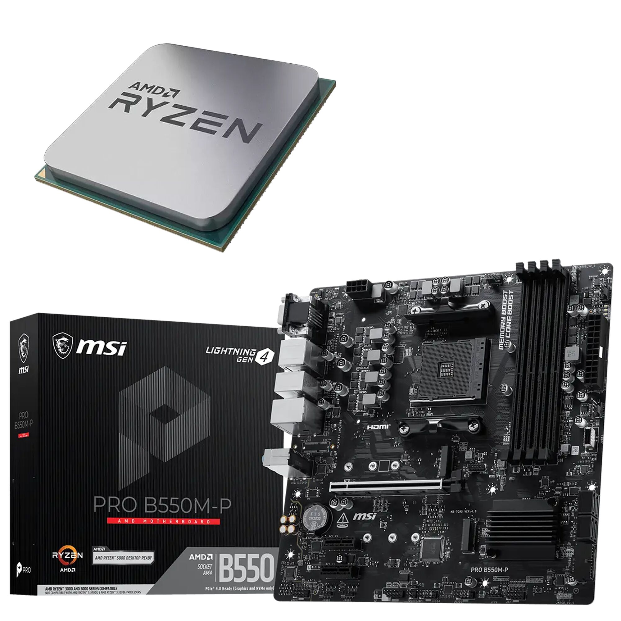 Un processeur AMD Ryzen et une carte mère MSI PRO B550M-P-P, présentés avec leur boîte d'origine.