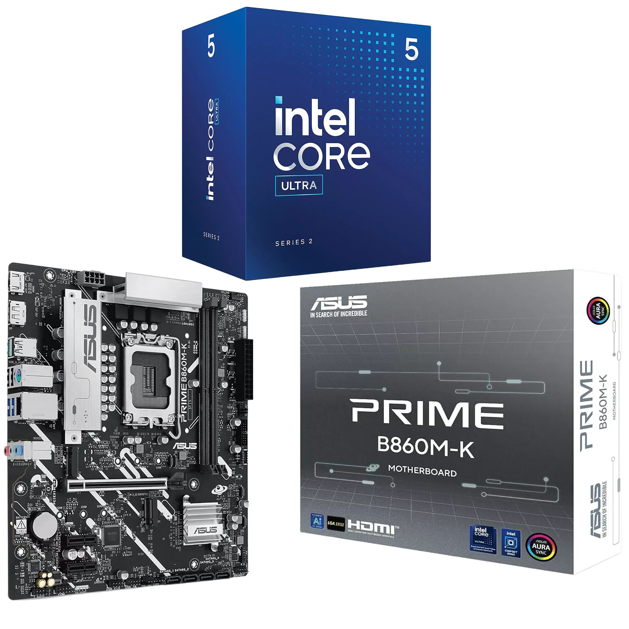 Une carte mère ASUS Prime B860M-K et sa boîte, accompagnées d'un processeur Intel Core Ultra Series 2.