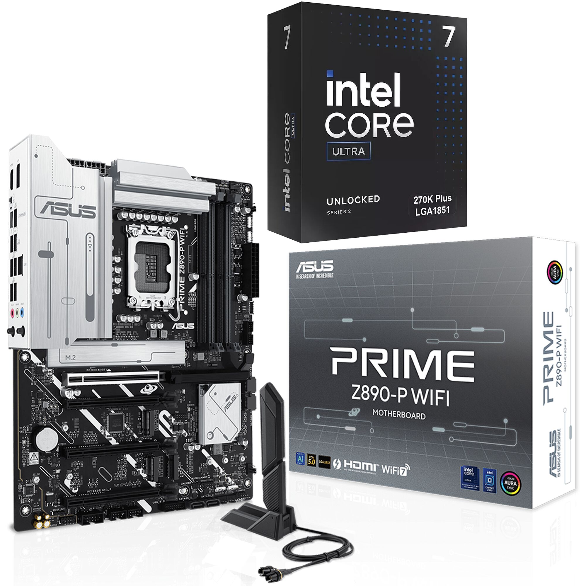 Carte mère ASUS Prime Z890-P WiFi accompagnée de son processeur Intel Core Ultra.