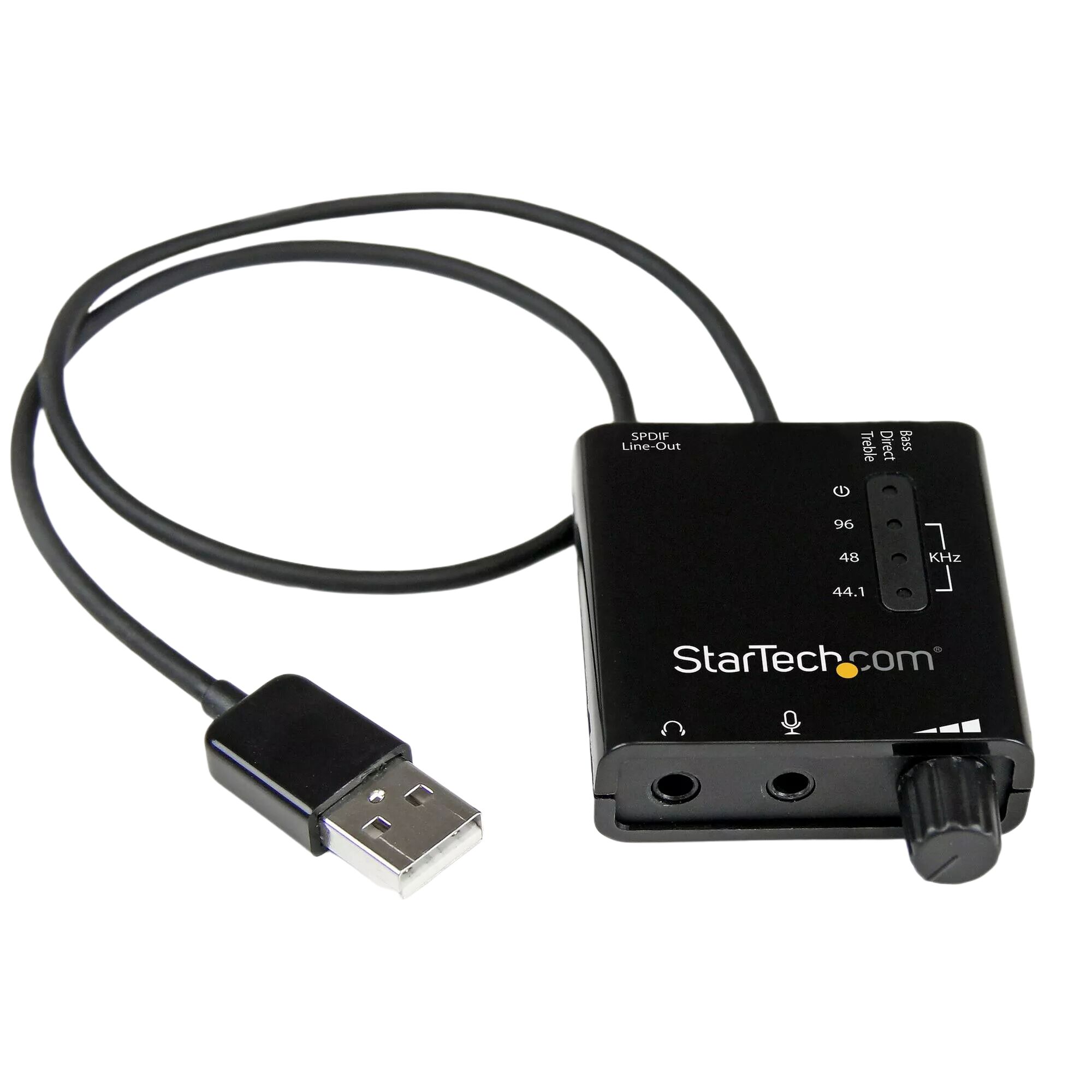 Adaptateur USB vers SPDIF de StarTech.com, un petit boîtier noir avec un câble USB et des commandes pour régler les basses et les aigus.