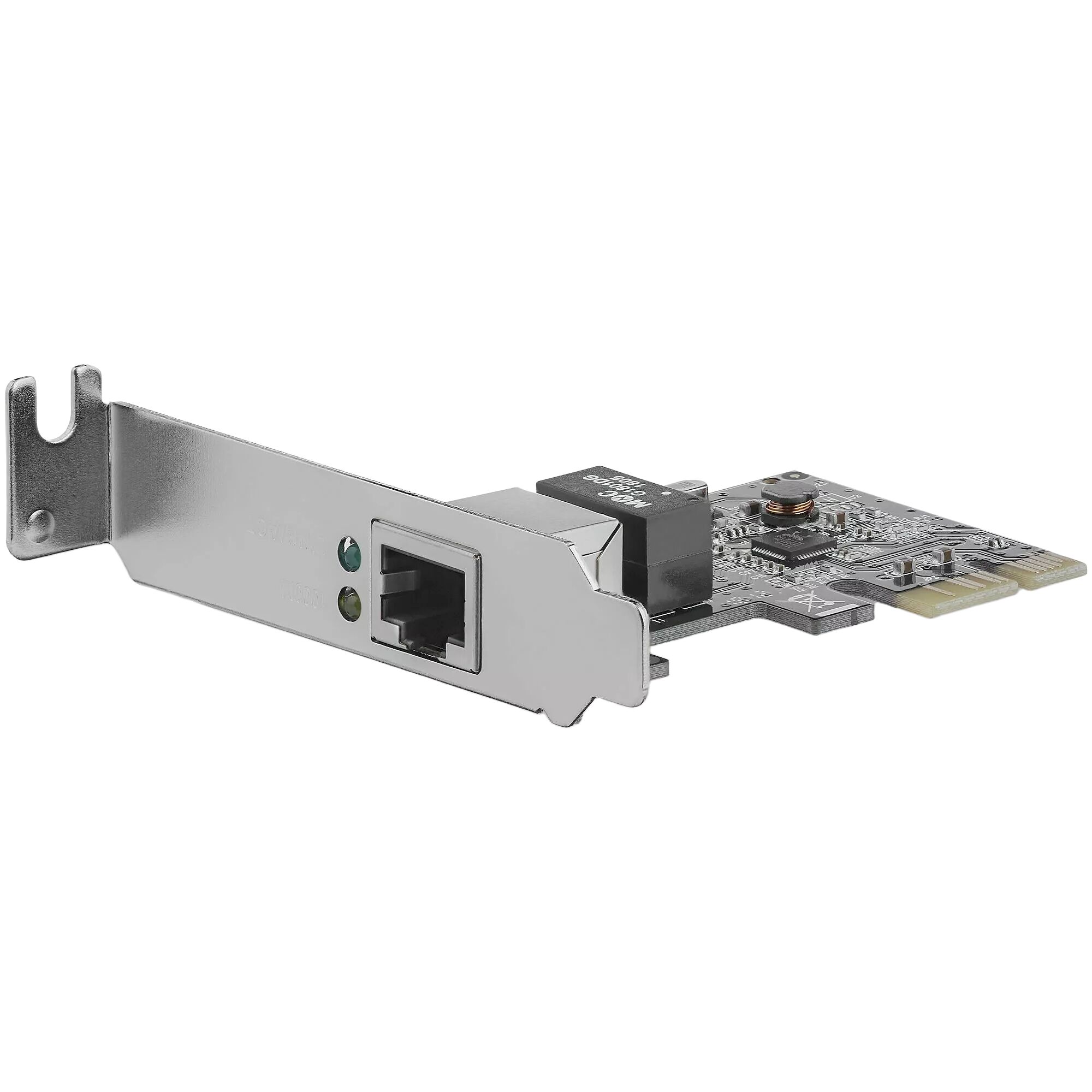 Carte réseau PCIe avec port Ethernet RJ45 et deux indicateurs LED, prête à être installée dans un PC.