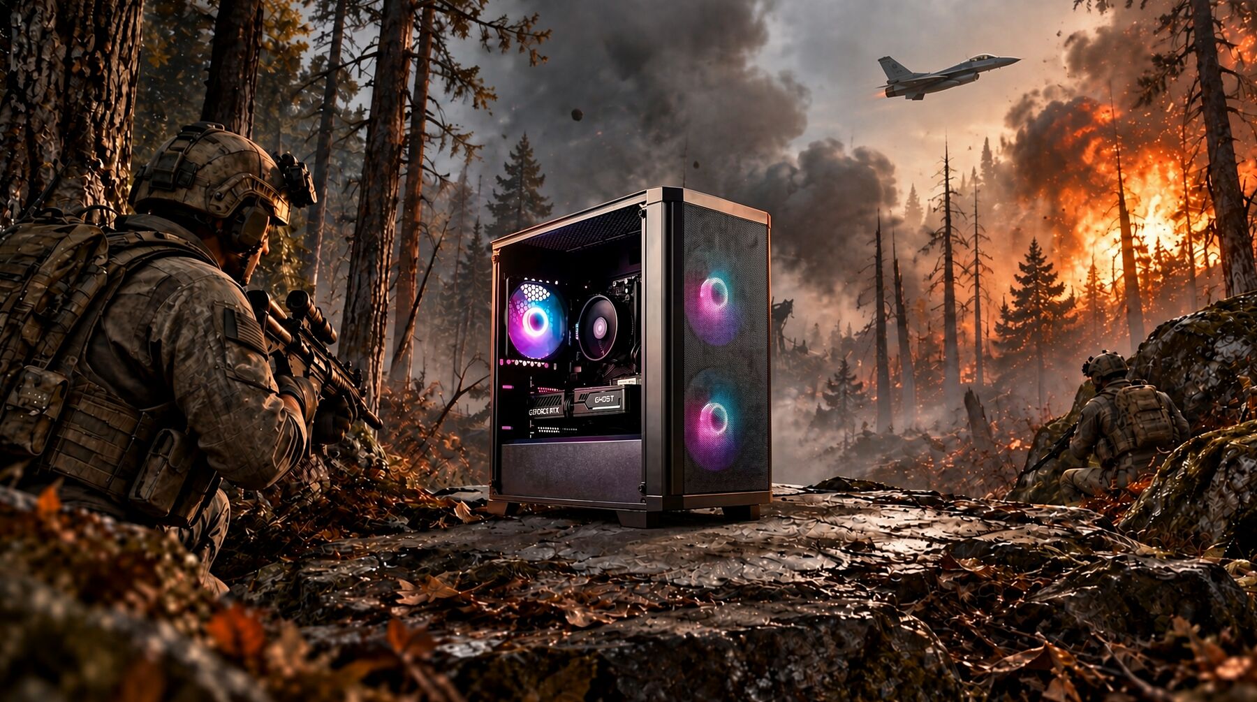 Un boîtier PC avec un éclairage RGB violet et bleu, posé sur un rocher dans une forêt en feu avec des soldats et un avion de chasse en arrière-plan.