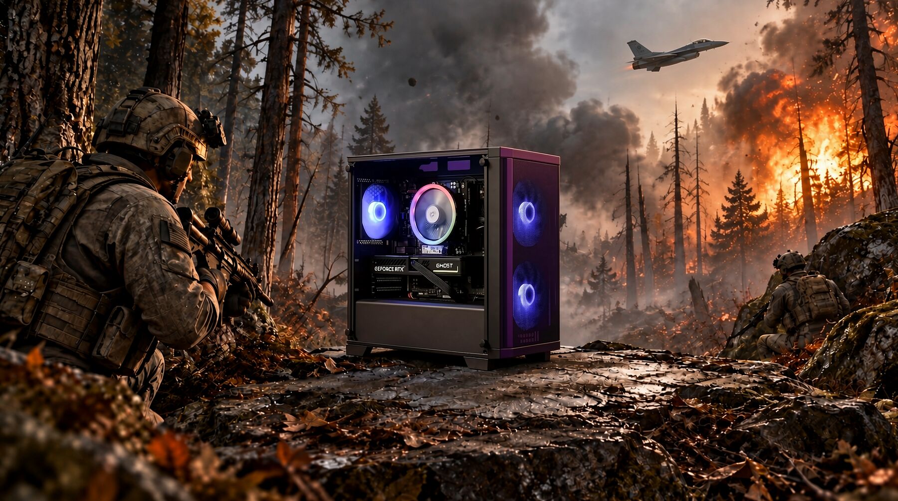 Un PC gamer avec un boîtier noir et des ventilateurs rétroéclairés en bleu et violet, placé au milieu d'une forêt en feu avec des soldats et un avion de chasse.