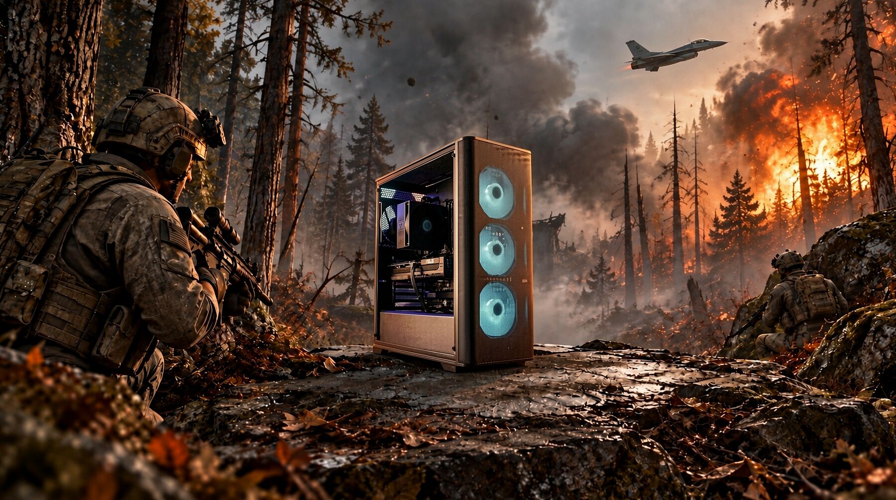 Un PC avec un boîtier marron et des ventilateurs rétroéclairés en bleu, posé sur un sol rocheux dans une forêt en feu avec un soldat et un avion de chasse en arrière-plan.