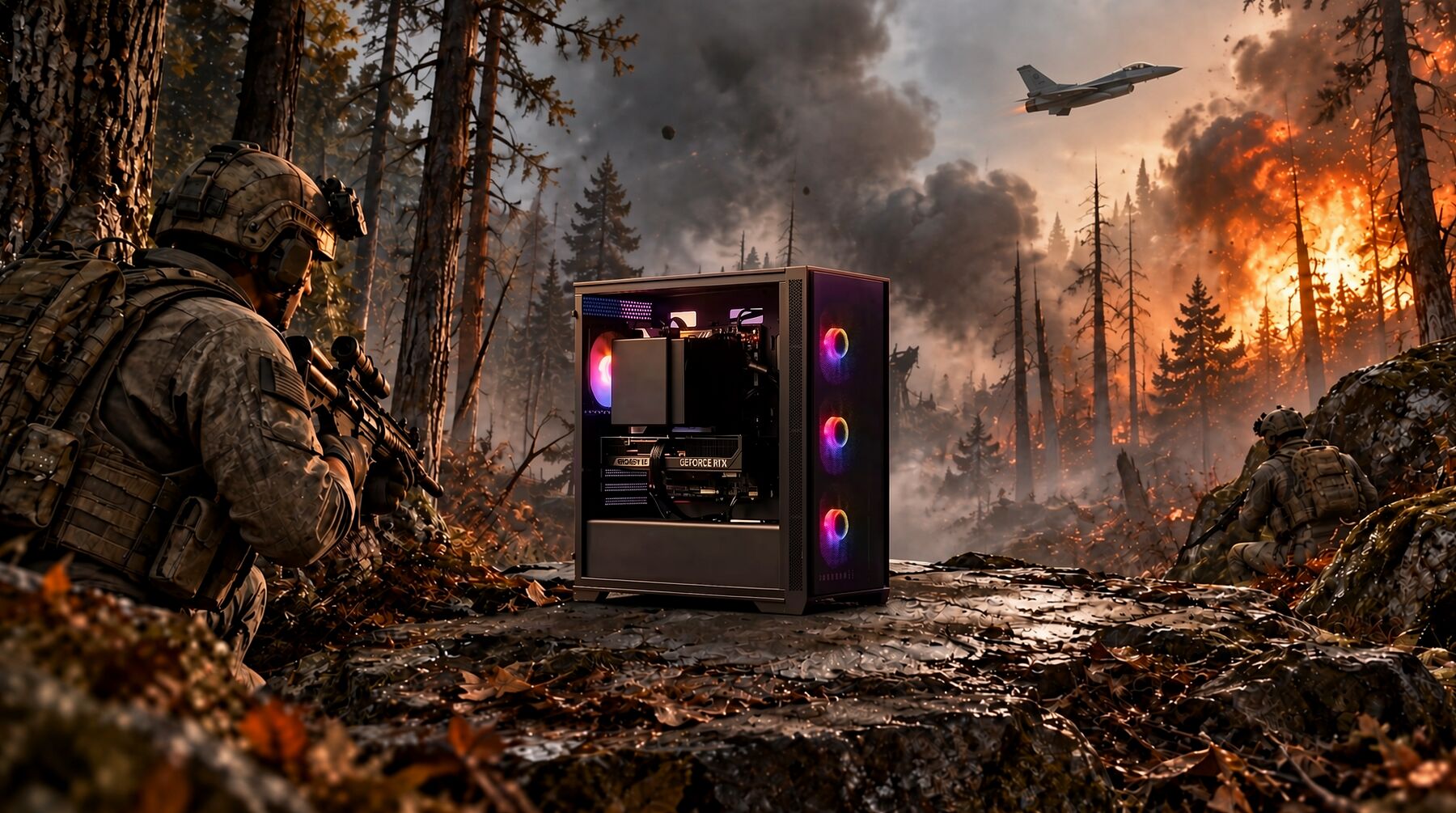 Un PC avec un éclairage RGB coloré est posé sur un terrain rocheux en forêt, entouré de soldats en pleine action sous un ciel fumant avec un avion de chasse.