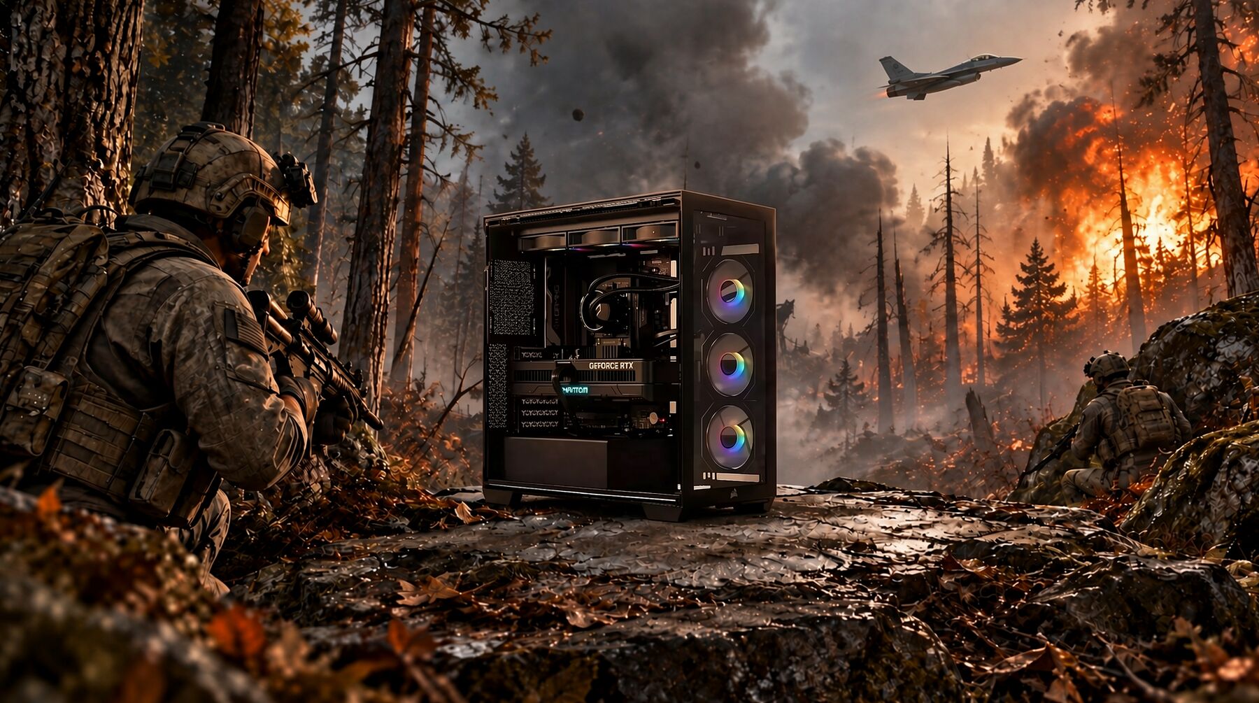 Un PC gamer avec un boîtier noir et un éclairage RGB, placé au milieu d'une forêt en feu avec des soldats et un avion de chasse en arrière-plan.