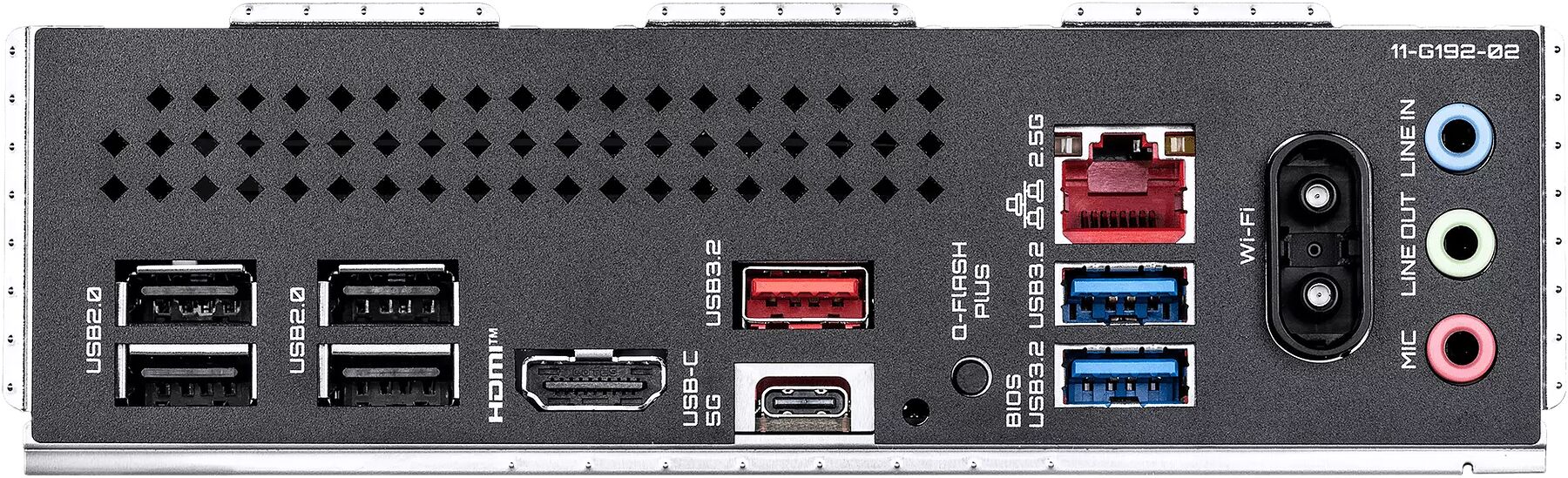 L'arrière d'une carte graphique avec divers ports de connexion : deux ports USB 2.0, un port HDMI, un port USB-C, deux ports USB 3.2, un port Wi-Fi et des prises audio.