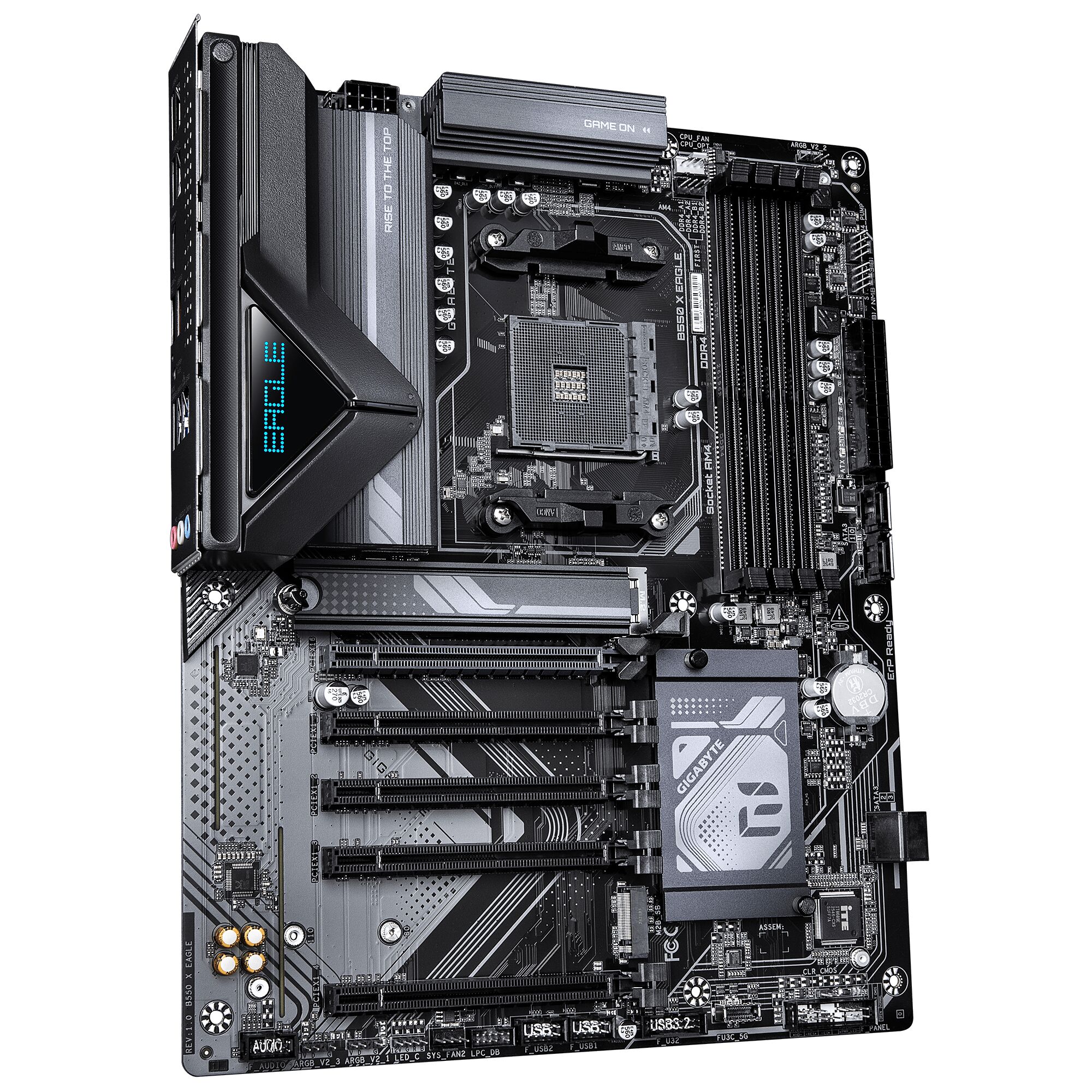 Carte mère Gigabyte Eagle pour processeur AMD, de couleur noire avec des détails gris et des accents lumineux bleus sur le dissipateur thermique.