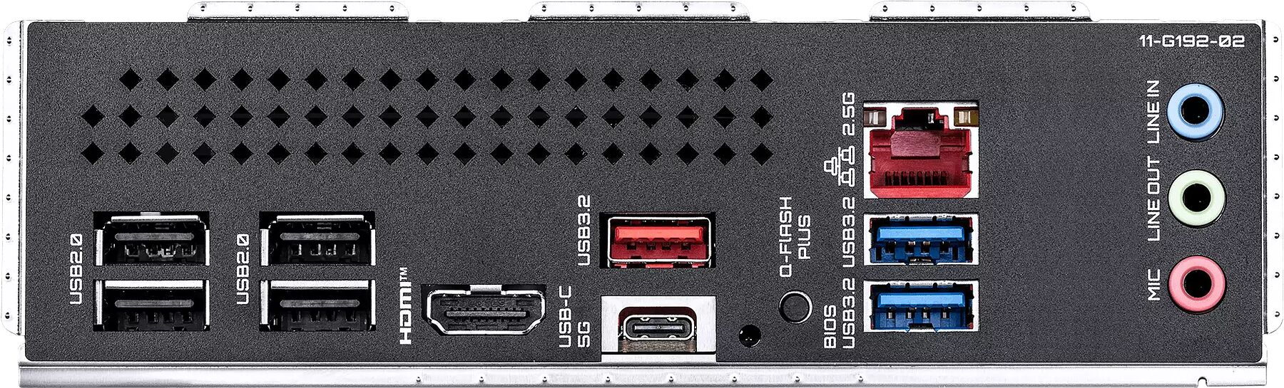 Panneau arrière d'une carte mère avec divers ports de connexion : ports USB, HDMI, USB-C, ports Ethernet et prises audio pour micro et haut-parleurs.