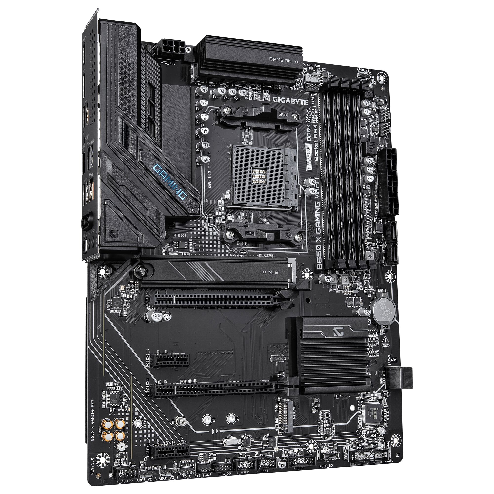 Carte mère Gigabyte B550 X Gaming WiFi avec dissipateurs thermiques noirs, slots mémoire DDR4 et socket AM4.