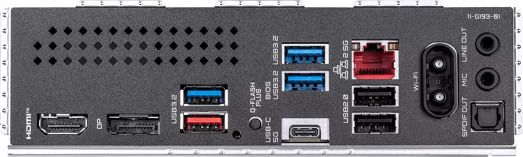 L'arrière d'une carte mère avec divers ports de connexion : ports HDMI et DisplayPort, ports USB (USB 3.2, USB-C), ports Ethernet, prises audio (Line out, Mic, S/PDIF) et un connecteur d'alimentation.