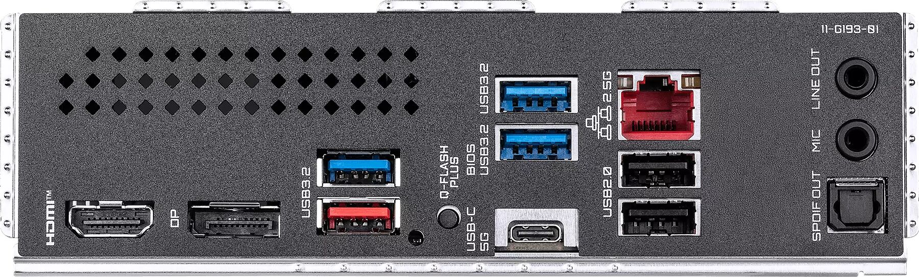 L'arrière d'une carte mère avec divers connecteurs : ports HDMI, DisplayPort, plusieurs ports USB (USB 3.2, USB-C), ports audio (Line out, Mic, S/PDIF) et des connecteurs réseau.