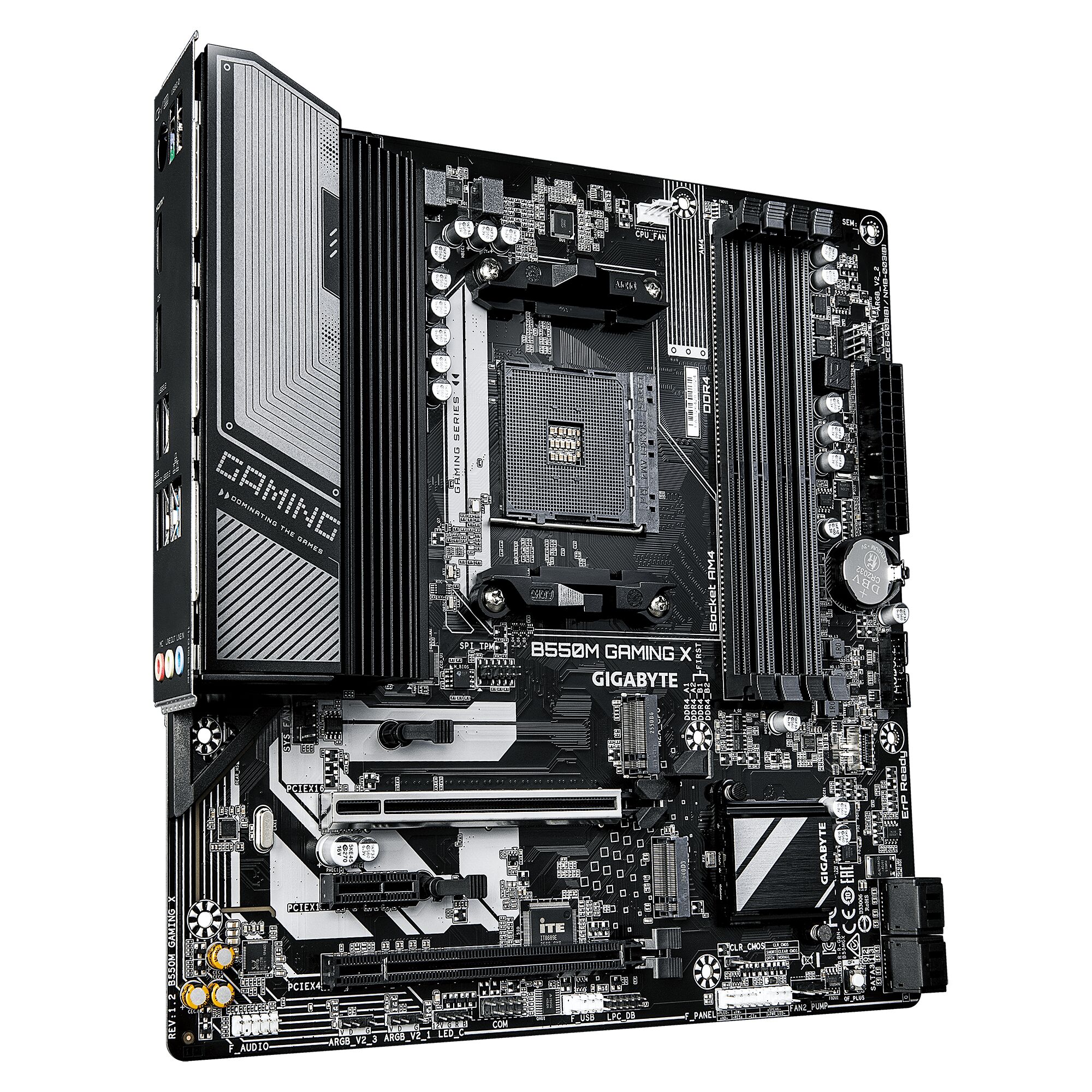 Carte mère Gigabyte B550M Gaming X avec dissipateur thermique sur le socket et des slots de mémoire RAM noirs.