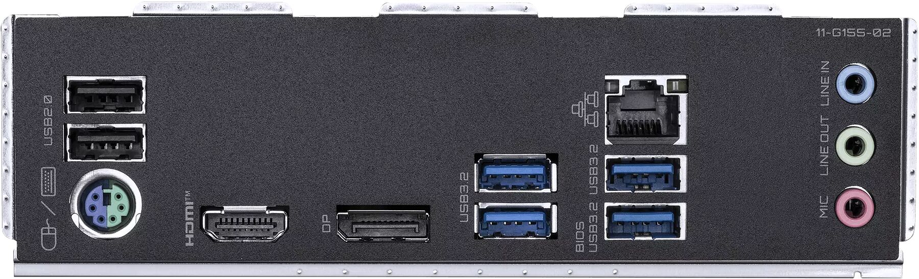 Panneau arrière d'un PC présentant divers connecteurs : ports USB 2.0 et 3.2, ports HDMI et DisplayPort, ports audio (mic, line in, line out) et un port PS/2.