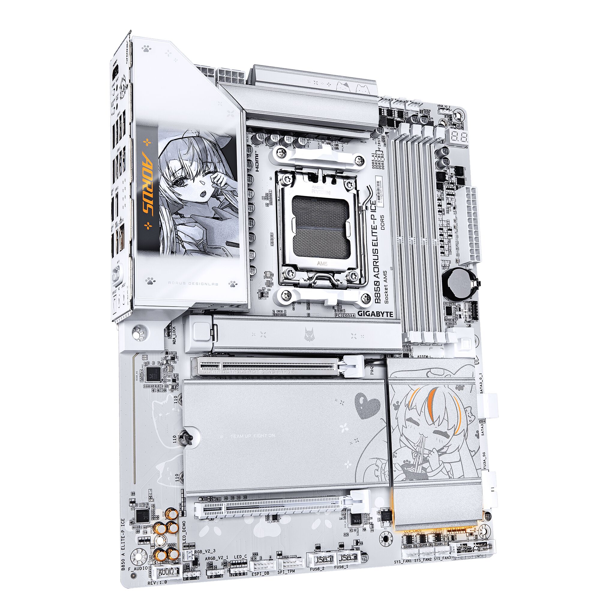 Carte mère Gigabyte Aorus Elite de couleur blanche, ornée de motifs d'illustrations de style anime. Elle présente des dissipateurs thermiques argentés et des emplacements pour composants PC.