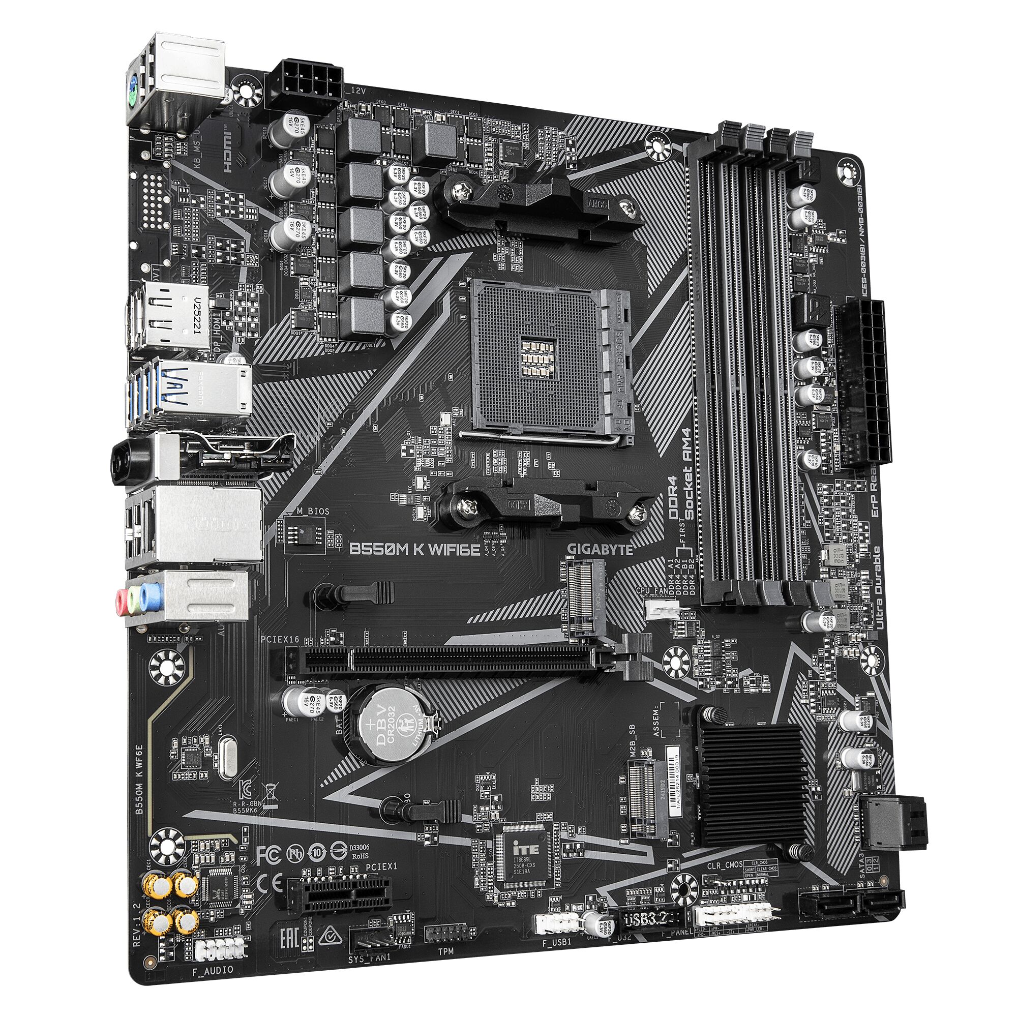 Carte mère Gigabyte B550M K WIFI avec dissipateurs thermiques noirs et motifs géométriques gris sur fond noir.