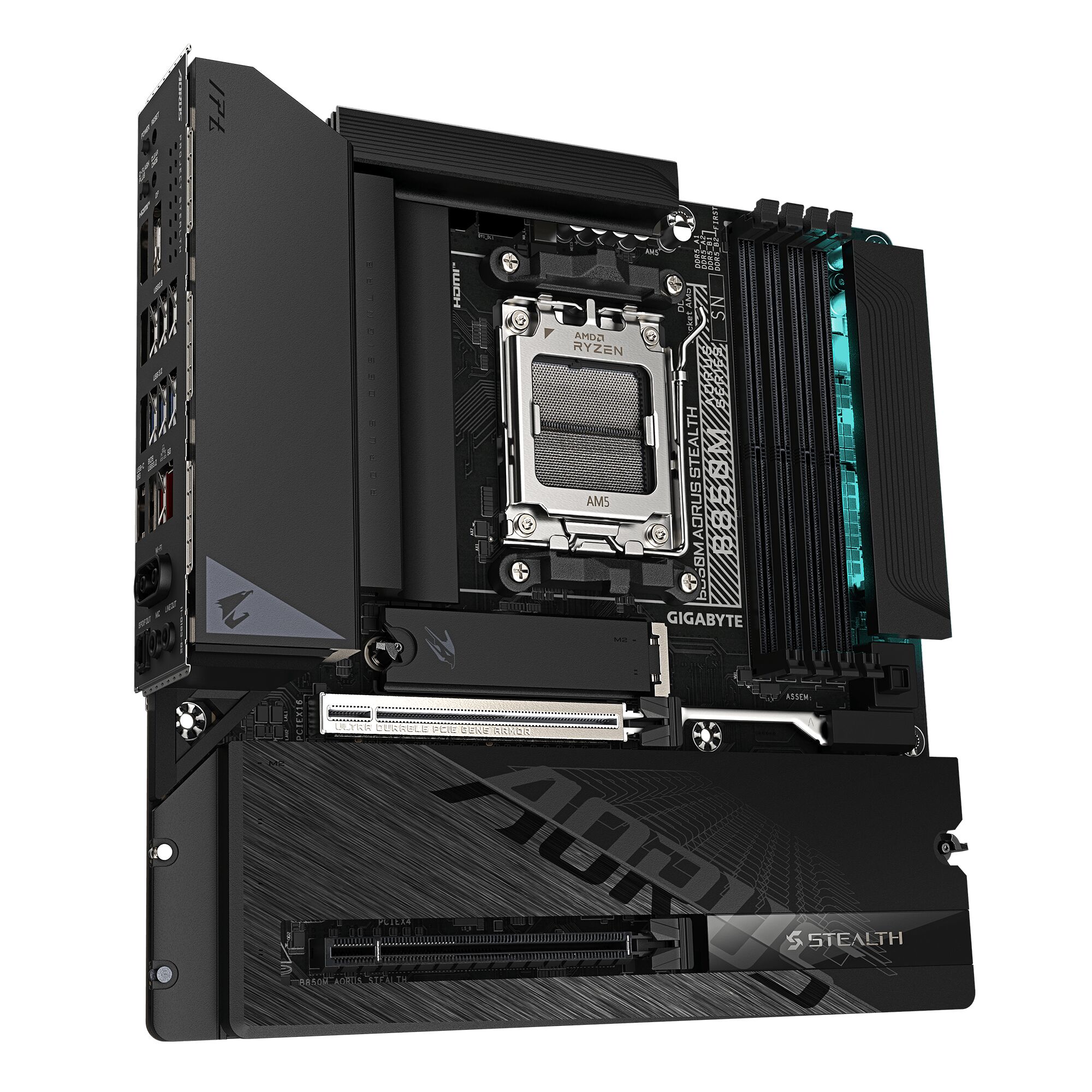 Carte mère Gigabyte Aorus Stealth pour processeur AMD Ryzen avec socket AM5, de couleur noire avec des détails gris.