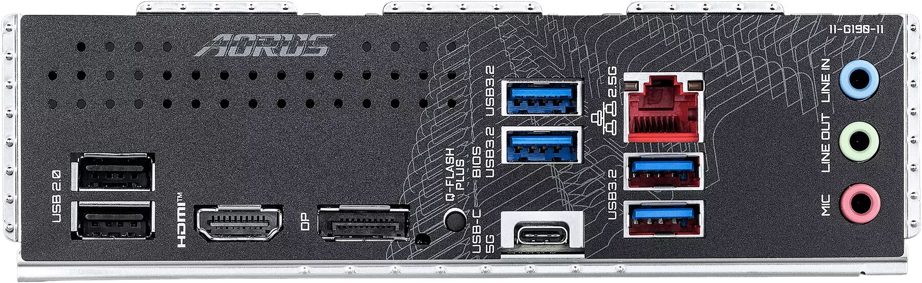 L'arrière d'une carte mère Aorus présentant divers connecteurs : ports USB, HDMI, DisplayPort, USB-C, et des prises jack pour l'audio.