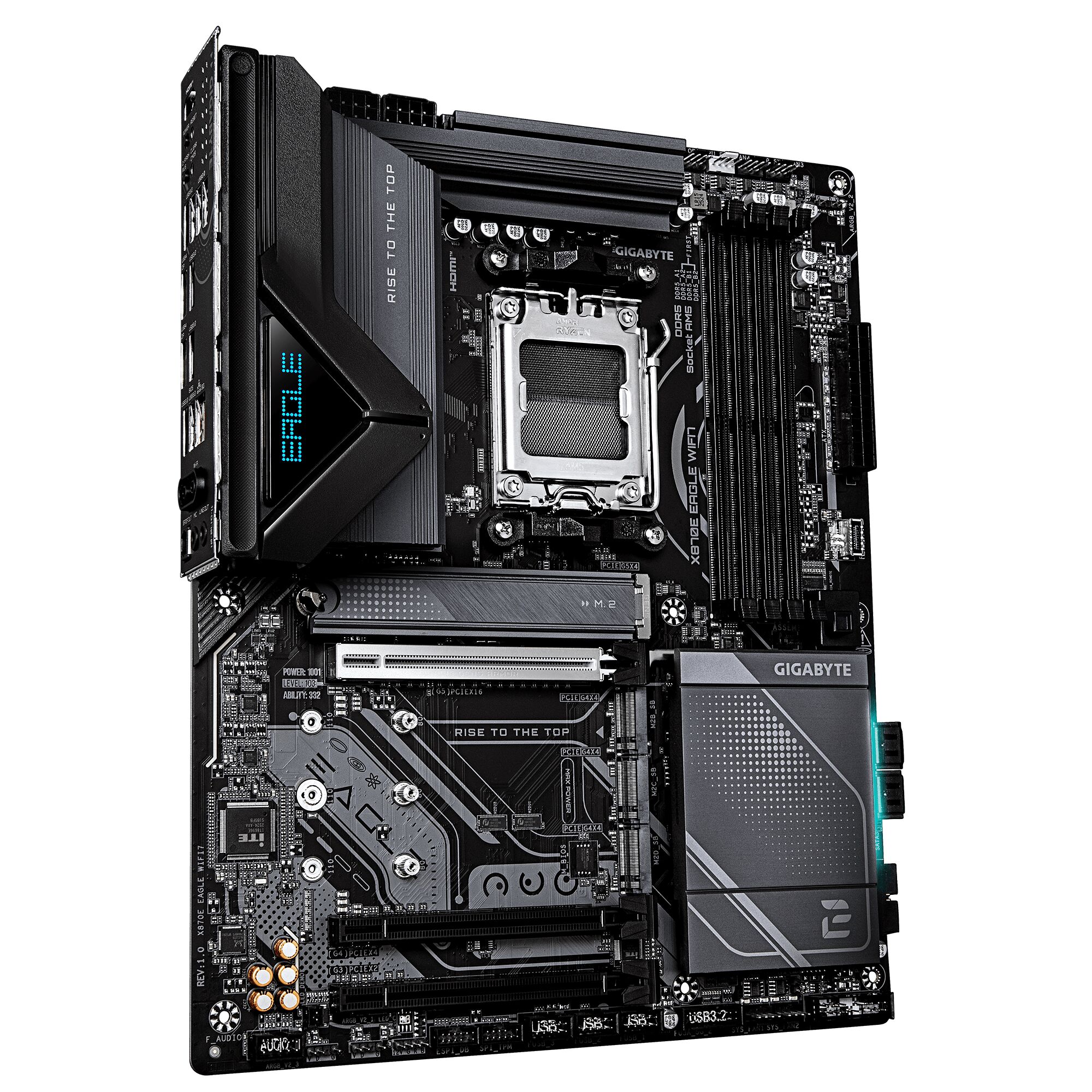 Carte mère Gigabyte X670E Eagle WiFi avec dissipateurs thermiques noirs et détails gris, prête pour un processeur AM5.