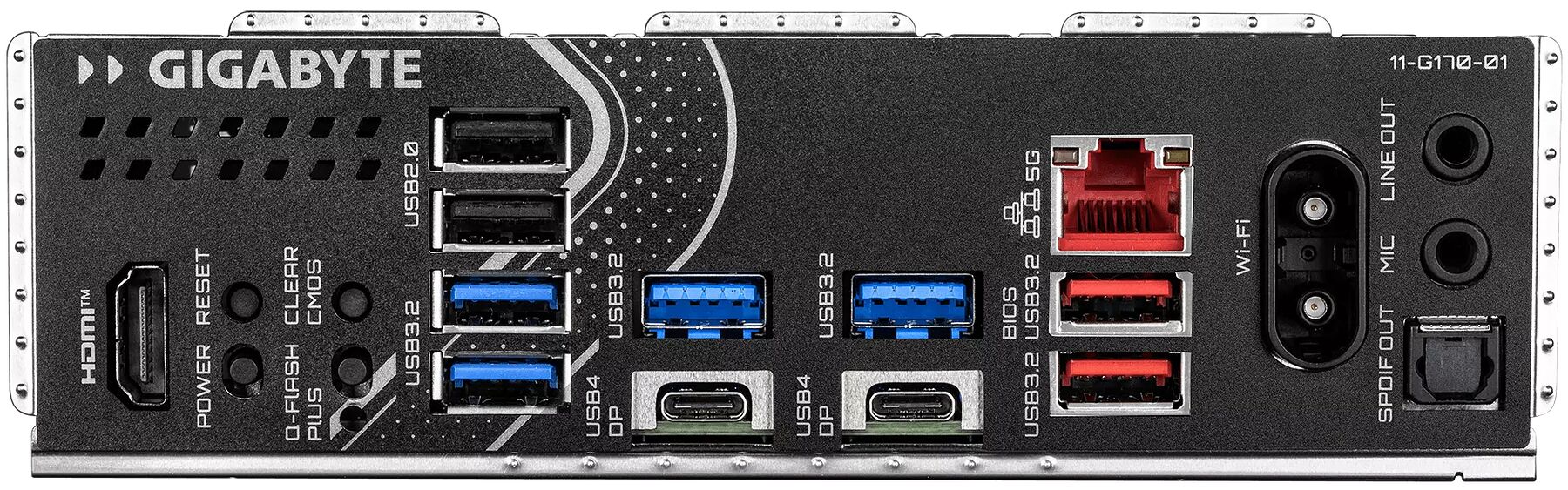 L'arrière de cette carte graphique Gigabyte présente divers ports de connexion, notamment des sorties HDMI et DisplayPort, plusieurs ports USB, des connecteurs audio et un emplacement pour antenne Wi-Fi.