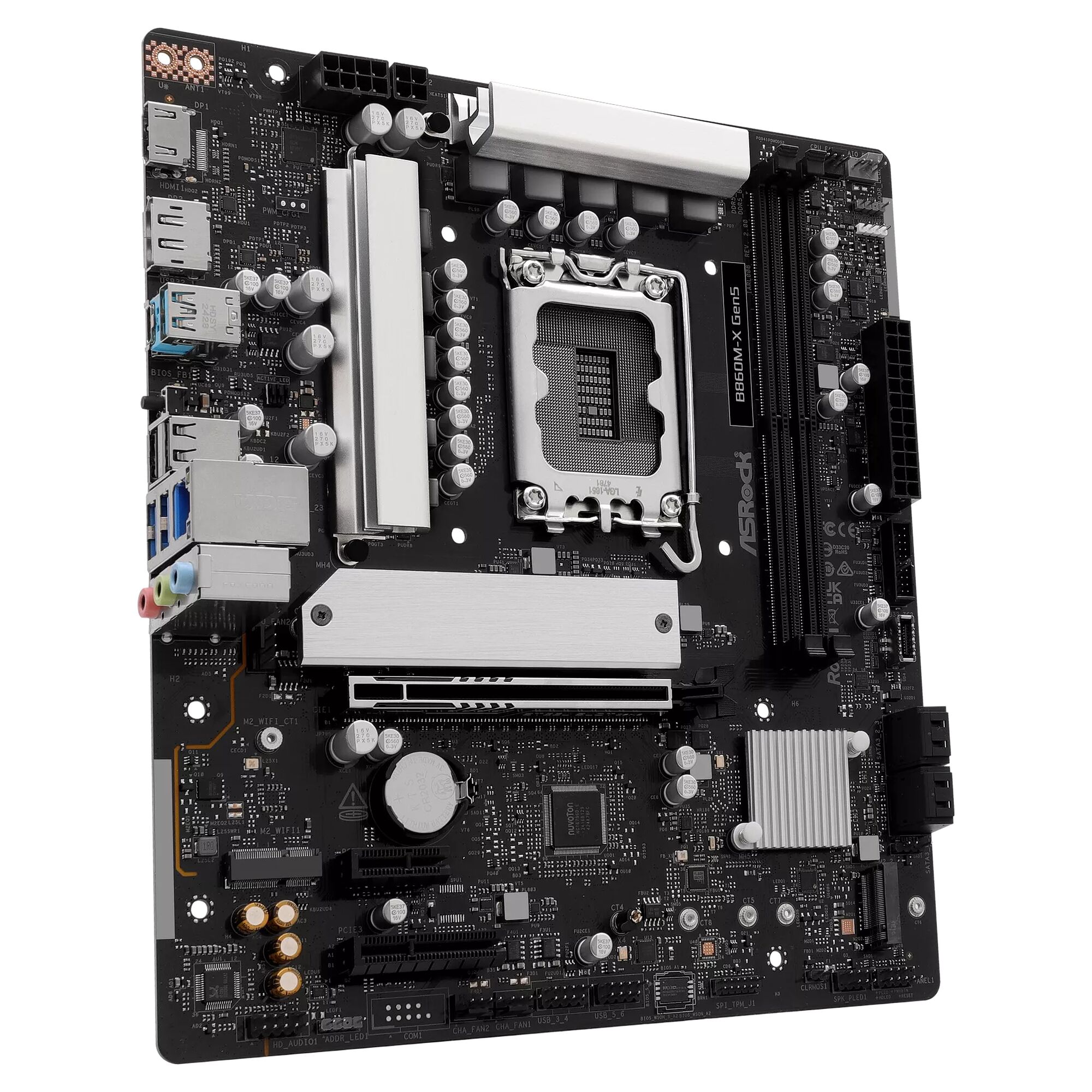 Carte mère ASRock B650M-X Gen5 avec dissipateurs thermiques argentés, socle processeur et divers connecteurs pour composants PC.