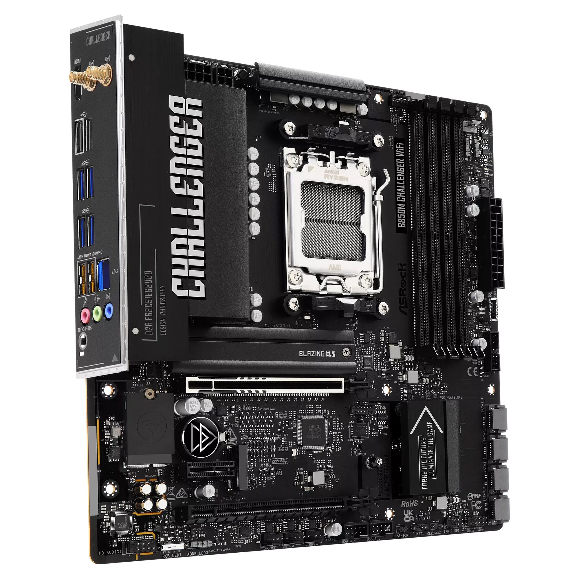Carte mère ASRock Challenger B650M avec Wi-Fi, de couleur noire avec des dissipateurs thermiques argentés.