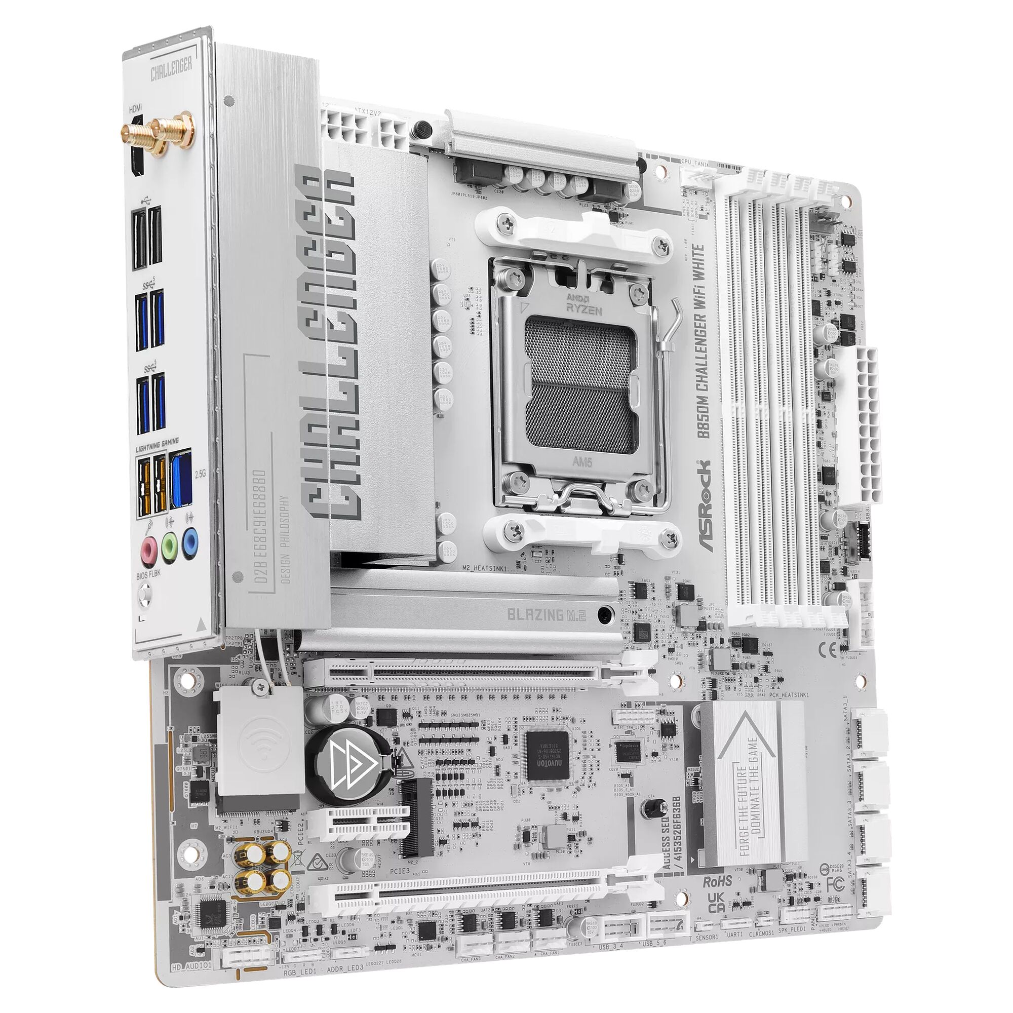 Carte mère ASRock Challenger B850M de couleur blanche, équipée d'un socket AM5 pour processeur et de plusieurs ports de connectivité sur le panneau arrière.