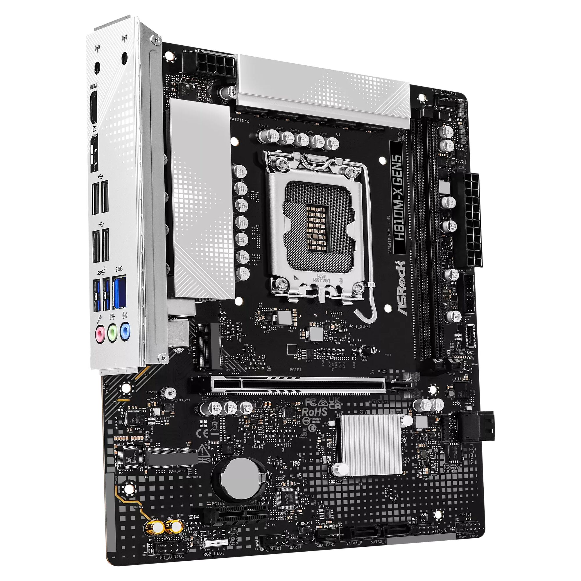 Carte mère ASRock HB10M-XGENS de couleur noire avec des dissipateurs thermiques argentés, présentant divers ports de connexion et un socket CPU central.