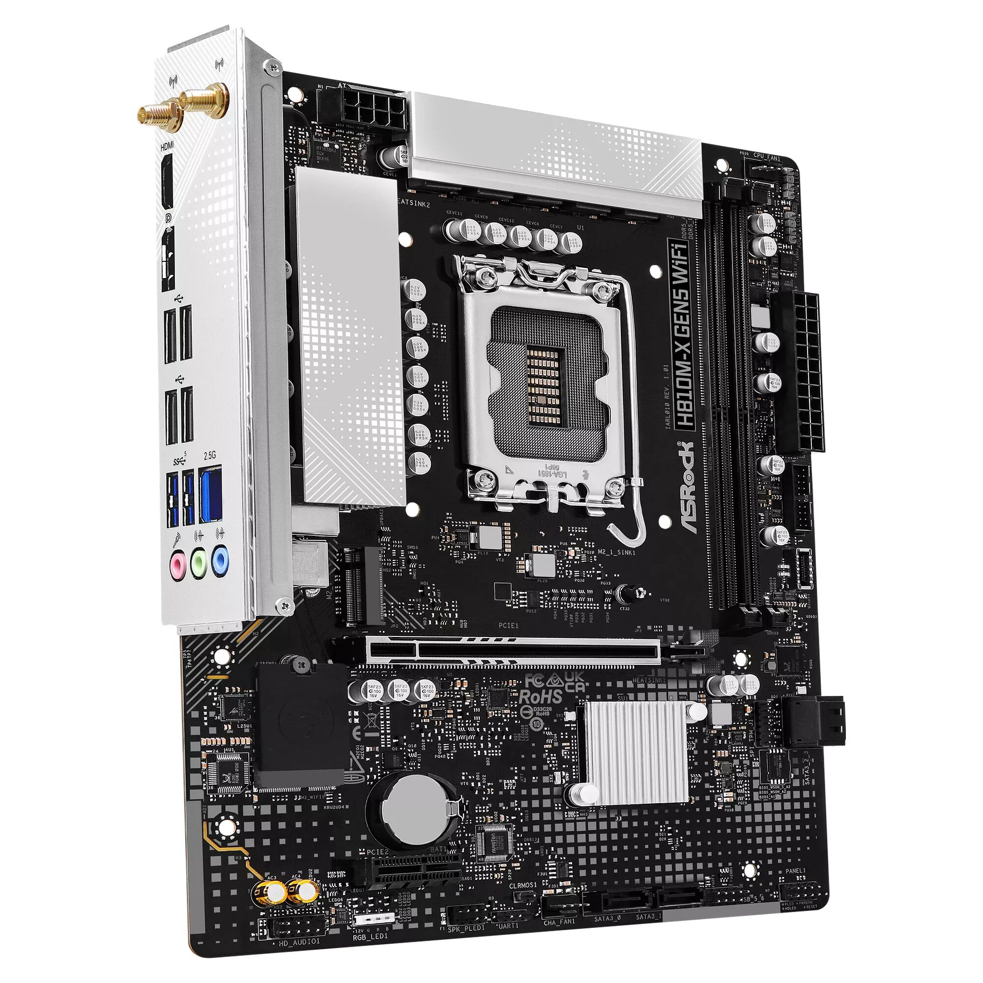 Carte mère ASRock H610M-X GEN5 WIFI avec dissipateurs thermiques argentés et connecteurs variés sur un fond noir.