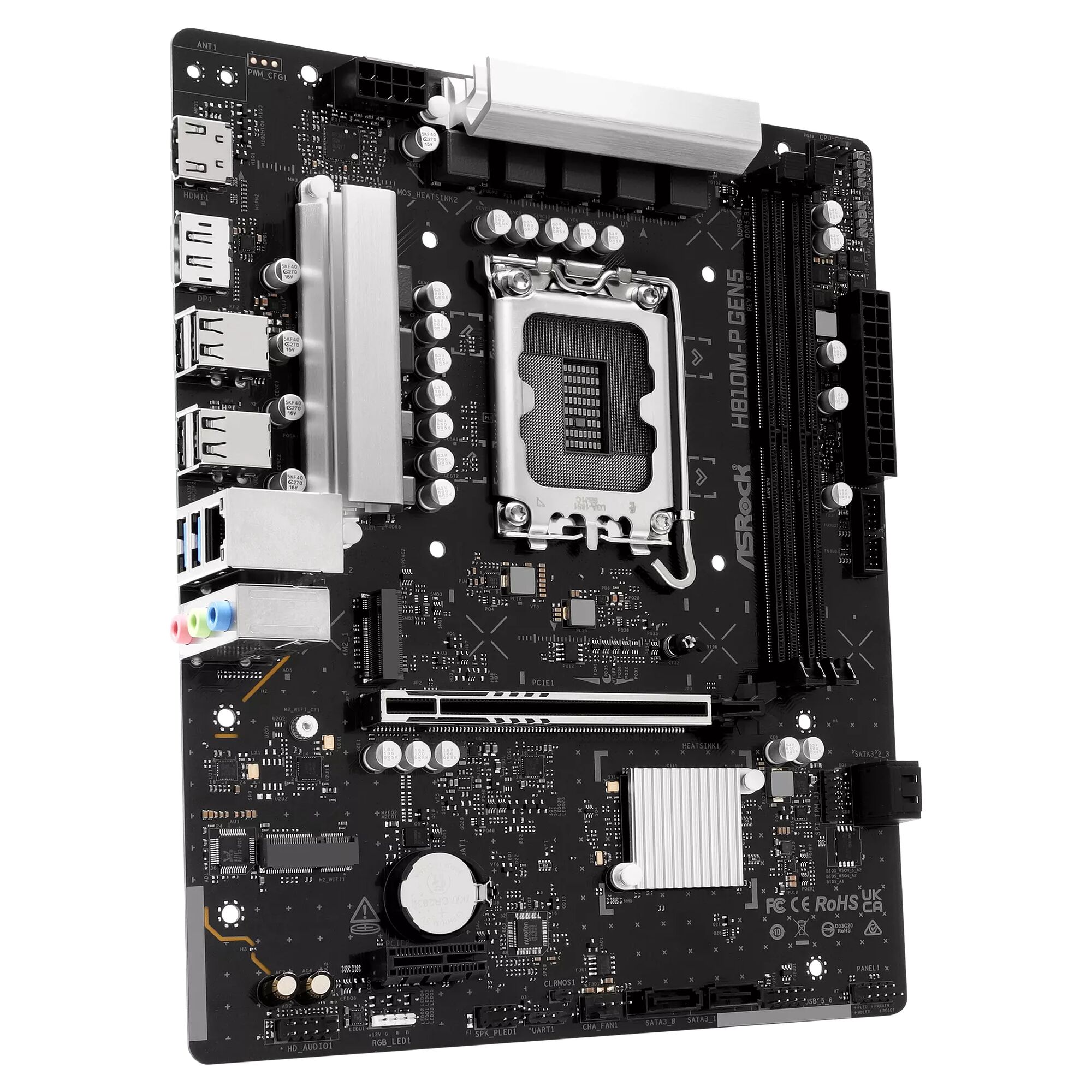 Carte mère ASRock H81M-P GEN5 avec dissipateur thermique sur le chipset et socle pour processeur.