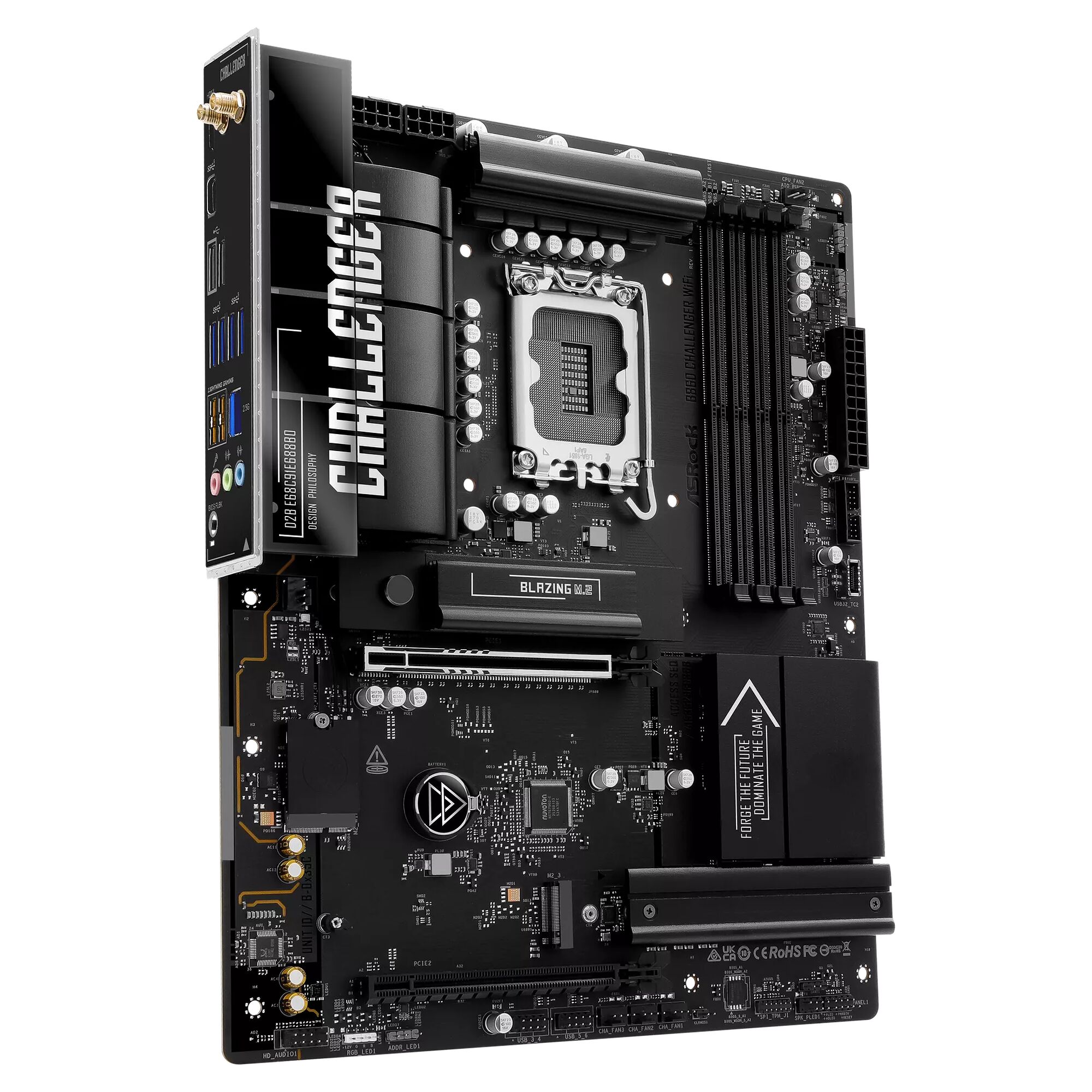 Carte mère ASUS Challenger de couleur noire avec des dissipateurs thermiques et des emplacements de mémoire RAM noirs.