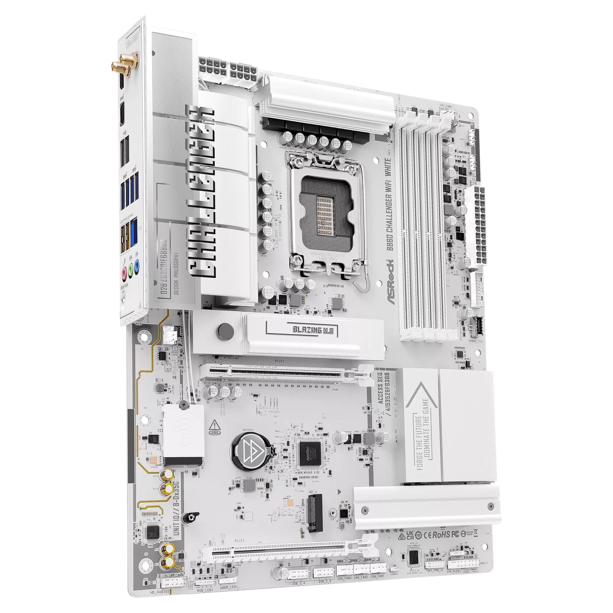 Carte mère ASRock Challenger White avec dissipateurs thermiques blancs et un design épuré, prête pour l'installation de composants PC.