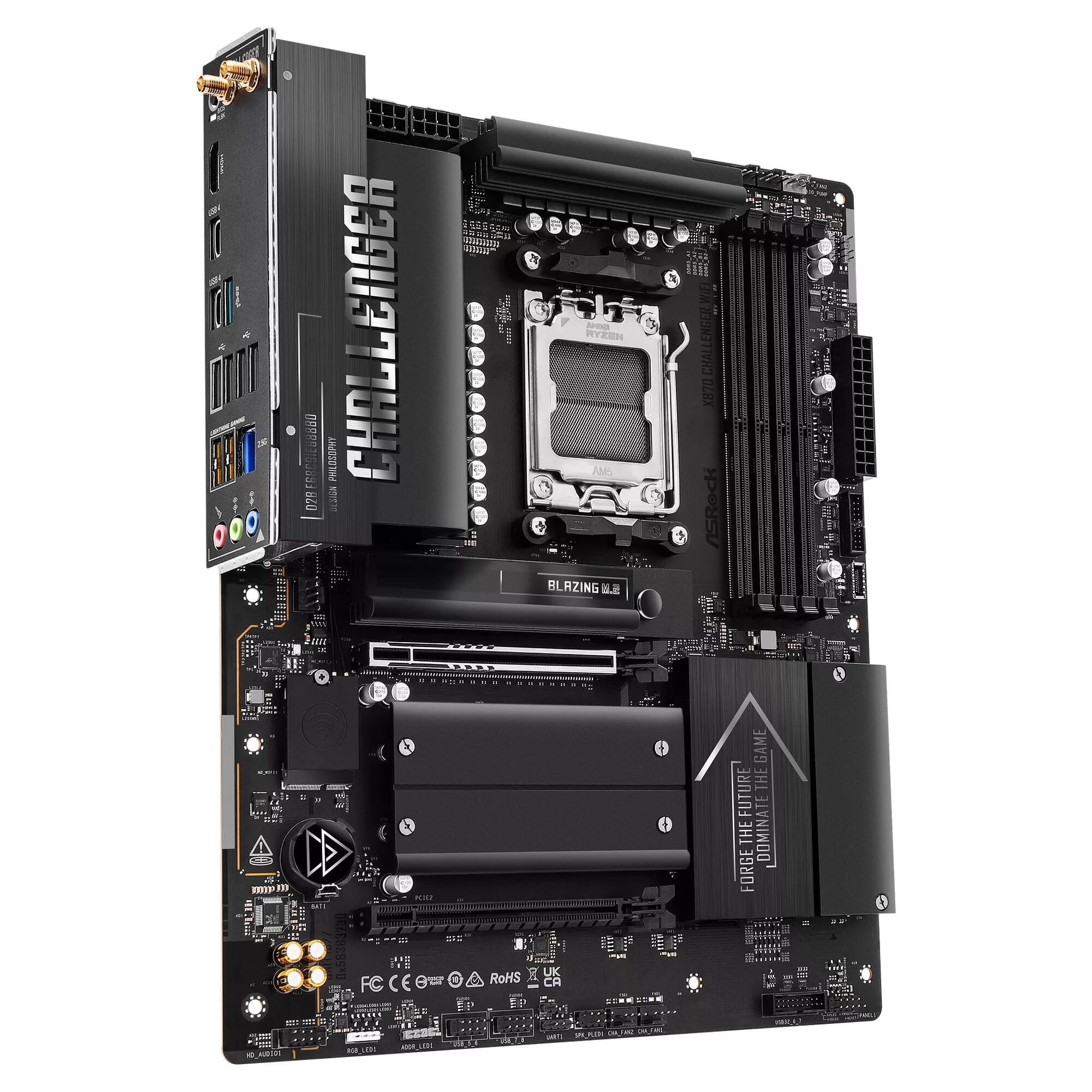 Carte mère ASUS Challenger pour processeur Ryzen, avec dissipateurs thermiques noirs et ports de connexion visibles sur le côté gauche.
