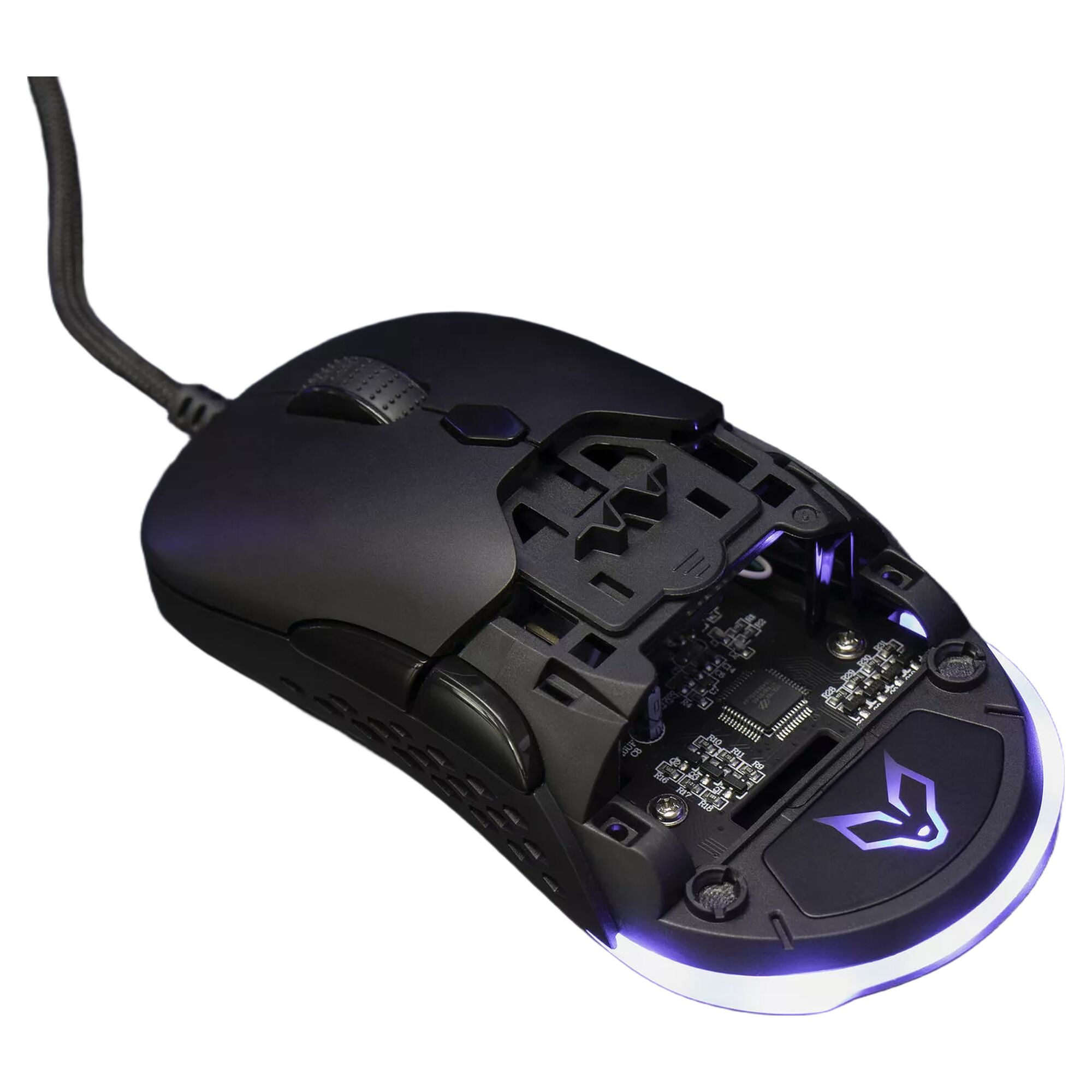 Souris gaming noire avec un éclairage LED violet sur le dessous et un design ergonomique.