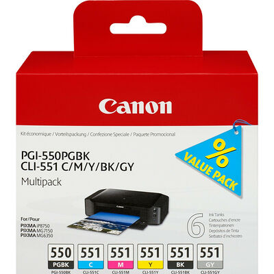 Pack de 6 cartouches d'encre Noire et Couleurs, PGI-550-CLI-551, Canon