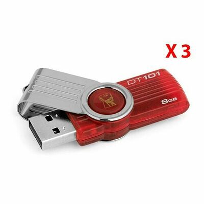 Pack de 3 Clés USB 2.0 Kingston DataTraveler 101 G2 rotative, 8 Go, Rouge