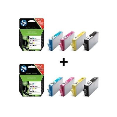 2 Packs de 4 cartouches d'encre Noire et Couleurs, kit Combo HP 364, HP