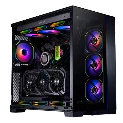 Boîtier PC Lian Li noir avec éclairage RGB multicolore sur les ventilateurs avant, supérieur et arrière. Le boîtier présente une structure vitrée latérale laissant apparaître les composants internes.