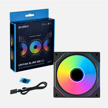 Boîte et ventilateur Lian Li Uni Fan SL-INF 120 avec éclairage RGB multicolore et câble de connexion.