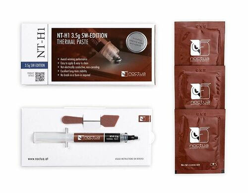 Kit de pâte thermique Noctua NT-H1 SW-Edition comprenant un tube de 3,5g, une spatule et des lingettes de nettoyage.