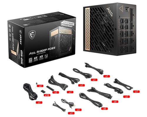 Bloc d'alimentation MSI MEG AI1300P PCIE5 de couleur noire, présenté avec sa boîte et ses nombreux câbles de connectivité modulaires.