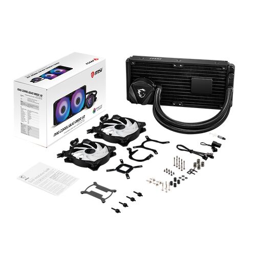 Kit de refroidissement liquide MSI MAG Coreliquid 240R V2 comprenant un radiateur noir, deux ventilateurs RGB et divers accessoires de montage.