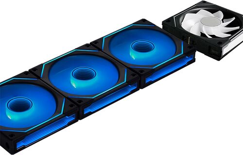 Système de refroidissement liquide pour PC avec trois ventilateurs rétroéclairés en bleu.