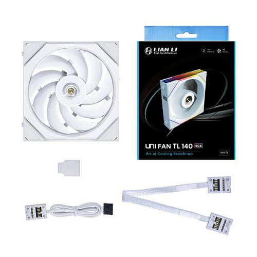 Ventilateur PC Lian Li UNI FAN TL 140 RGB de couleur blanche, accompagné de son câble de connexion et de ses accessoires de montage.
