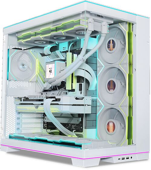 Un PC avec un boîtier blanc transparent doté d'un éclairage RGB intégré. L'intérieur présente une carte graphique GeForce RTX, un système de refroidissement liquide et trois ventilateurs blancs sur le côté.