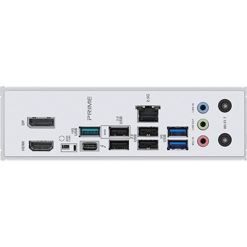 Panneau arrière d'une carte mère ASUS Prime avec ports HDMI, DisplayPort, ports USB, connecteur Ethernet 2.5G et prises audio.