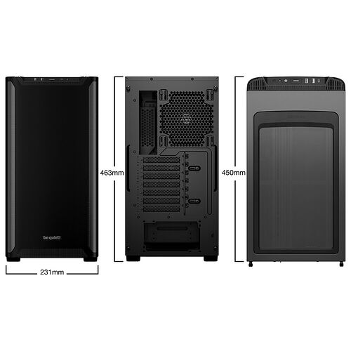 Boîtier PC Be Quiet! présenté sous trois angles différents, affichant ses dimensions : 463 mm de hauteur, 450 mm de profondeur et 231 mm de largeur.