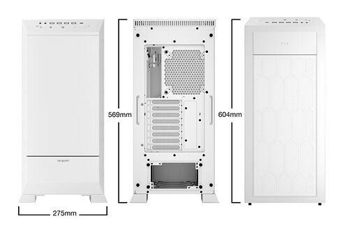Trois vues d'un boîtier PC blanc de la marque be quiet! montrant ses dimensions : 604 mm de hauteur, 569 mm de hauteur (sans pieds) et 275 mm de largeur.